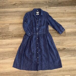 MALVIN 100% Linen Shirt Dress Blue Button Front Collared Midi Womens M